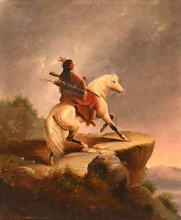 George Kalbfus (19th Century) After Alfred Jacob Miller (American 1810 - 1874): George Kalbfus (19th Century) After Alfred Jacob Miller (American 1810 - 1874) "Crow Indian on the Lookout" 1866 Oil on canvas Signed and dated lower left G Kalbfus 1866 12" x 10" Provenance: M. Knoed