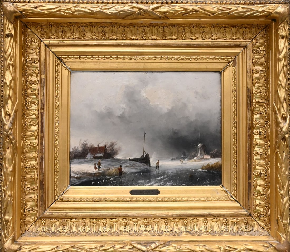 Charles Henri Joseph Leickert (Netherlands 1816 - 1907): Charles Henri Joseph Leickert (Netherlands 1816 - 1907) A Dutch Winter Landscape with Ice Skaters and Windmills Oil on wood panel Signed lower right Ch. Leickert 6 1/4" x 8 1/4" Condition: some edge w
