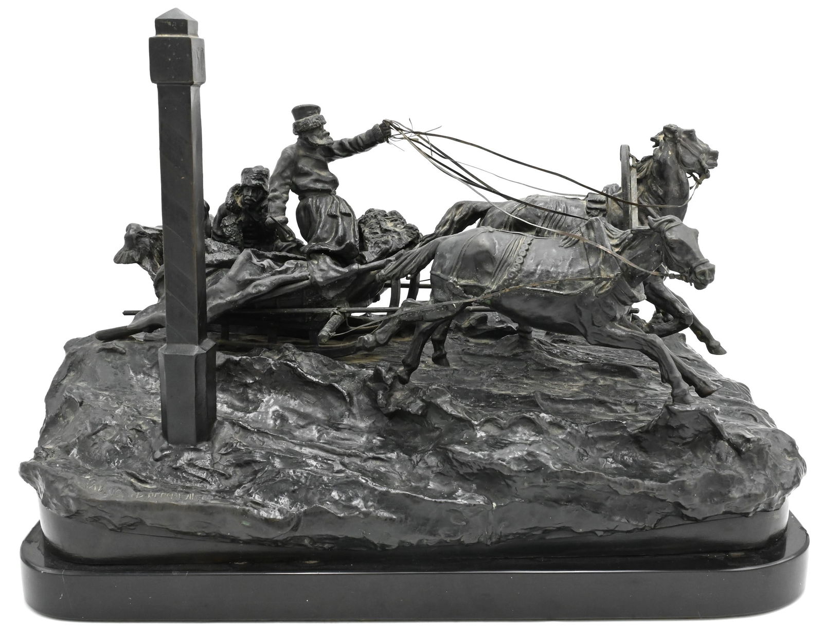 Vassili Yacovlevitch Grachev (Russian 1831 - 1905): Vassili Yacovlevitch Grachev (Russian 1831 - 1905) "Winter Troika" Depicting a troika drawn by a team of three horses, with a woman and man in sleigh passing mile marker 750 Bronze grouping Marked on
