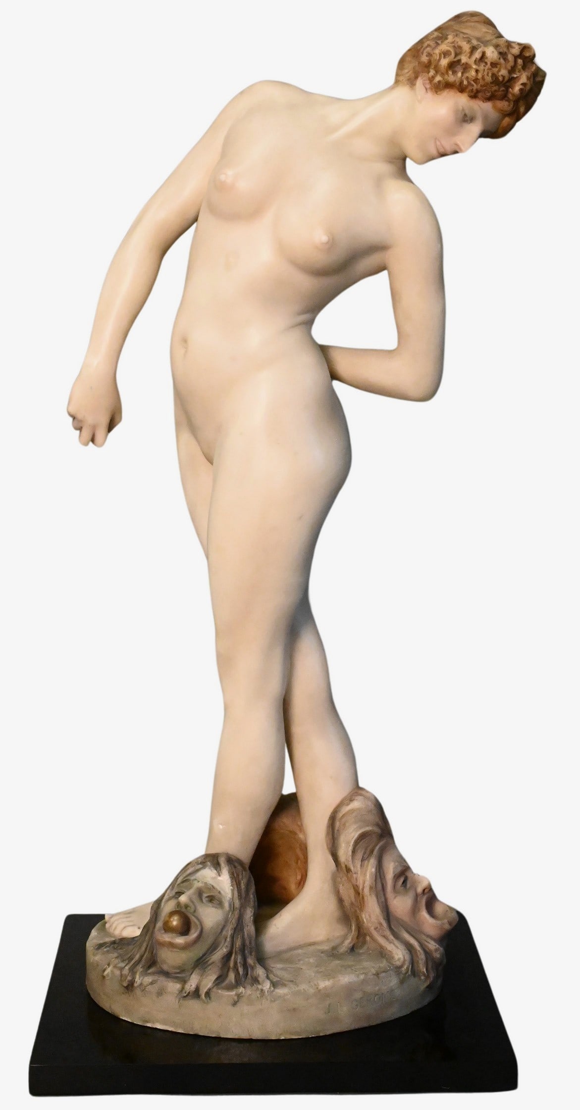 Jean-Leon Gerome (French 1824 - 1904): Jean-Leon Gerome (French 1824 - 1904) "La Joueuse De Boules" late 19th century Carved and painted marble on custom rotating pedestal Signed on base JL Gerome Height 32 inches, total height with pedest