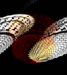 Tiffany Studios Leaded Glass Bronze and Turtleback Tile Ceiling Light Fixture: Tiffany Studios Leaded Glass Bronze and Turtleback Tile Ceiling Light Fixture hanging lamp having geometric shade in amber glass, centering one gold iridescent turtleback medallion all hung from a gil