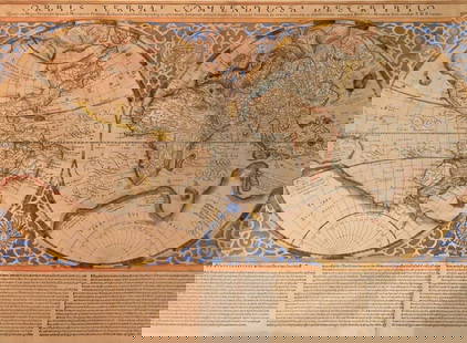 Gerard Mercator (Belgian 1512 - 1594) and Rumold Mercator (Belgian 1545 - 1599): Gerard Mercator (Belgian 1512 - 1594) and Rumold Mercator (Belgian 1545 - 1599) "Orbis Terrae Compendiosa Descriptio", circa 1595 Engraved and hand colored map 14 1/2" x 19 3/4" Condition: aging, yell