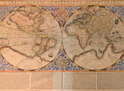 Gerard Mercator (Belgian 1512 - 1594) and Rumold Mercator (Belgian 1545 - 1599): Gerard Mercator (Belgian 1512 - 1594) and Rumold Mercator (Belgian 1545 - 1599) "Orbis Terrae Compendiosa Descriptio", circa 1595 Engraved and hand colored map 14 1/2" x 19 3/4" Condition: aging, yell