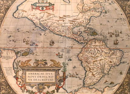 Abraham Ortelius (Belgian 1527 - 1598): Abraham Ortelius (Belgian 1527 - 1598) "Americae Sive Novi Orbis, Nova Descriptio", circa 1602 Copper engraved hand colored map of the Western Hemisphere 15" x 20" Condition: aging, yellowing to