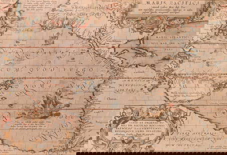 Abraham Ortelius (Belgian 1527 - 1598): Abraham Ortelius (Belgian 1527 - 1598)"Maris Pacifici", circa 1603 Hand Colored map engraving of the Pacific Ocean14" x
