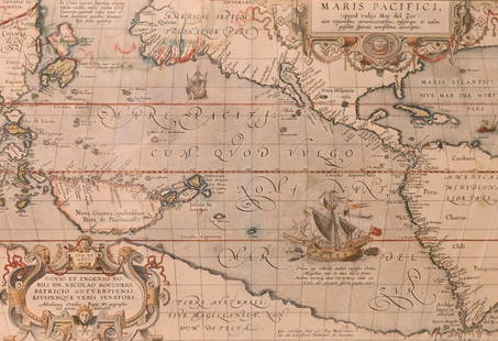 Abraham Ortelius (Belgian 1527 - 1598): Abraham Ortelius (Belgian 1527 - 1598) "Maris Pacifici", circa 1603 Hand Colored map engraving of the Pacific Ocean 14" x 20" Condition: aging, yellowing to paper, undulation, center folds, some fadin