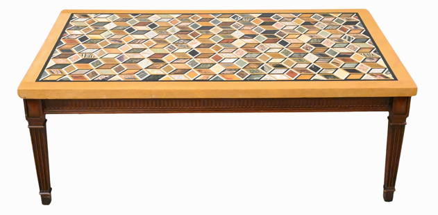 Italian Pietra Dura "Geometric Cube" Specimen Marble Top Coffee Table: Italian Pietra Dura "Geometric Cube" Specimen Marble Top Coffee Table set into modern base as coffee table width 49 inches, depth 30 inches Condition: very good condition, top having light scratching