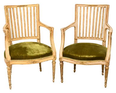 Pair of Scandinavian Neoclassical Open Armchairs: Pair of Scandinavian Neoclassical Open Armchairs in white paint and parcel giltwood having rectangular slatted backrest over a velvet upholstered seat on tapered fluted cylindrical legs height 35 inch