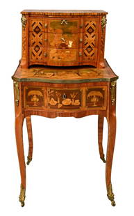 Louis XV/XVI Marquetry Miniature Chest on Stand in Two Parts: Louis XV/XVI Marquetry Miniature Chest on Stand in Two Parts veneered to represent genre scenes in various stained and natural woods, surrounded by borders of tulipwood height 39 inches, width 20 inch