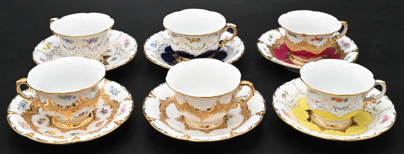 Group of Six Meissen Porcelain Cups and Saucers: Group of Six Meissen Porcelain Cups and Saucers all different having heavy gilt decoration, marked with crossed swords cup height 2 inches, saucer diameter 5 inches Condition: very good condition, ver