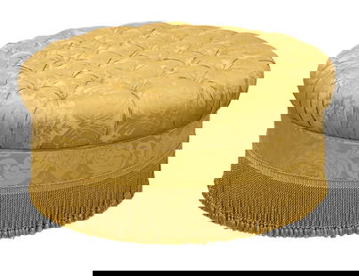 Custom Napoleon III Style Tufted Round Ottoman: Custom Napoleon III Style Tufted Round Ottoman Clarence House yellow damask modern ottoman having bullion trim and cording fringe height 18 inches, diameter 40 inches Provenance: Lewis Mittman 12/4/01