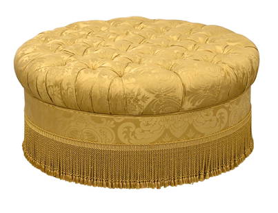 Custom Napoleon III Style Tufted Round Ottoman: Custom Napoleon III Style Tufted Round Ottoman Clarence House yellow damask modern ottoman having bullion trim and cording fringe height 18 inches, diameter 40 inches Provenance: Lewis Mittman 12/4/01