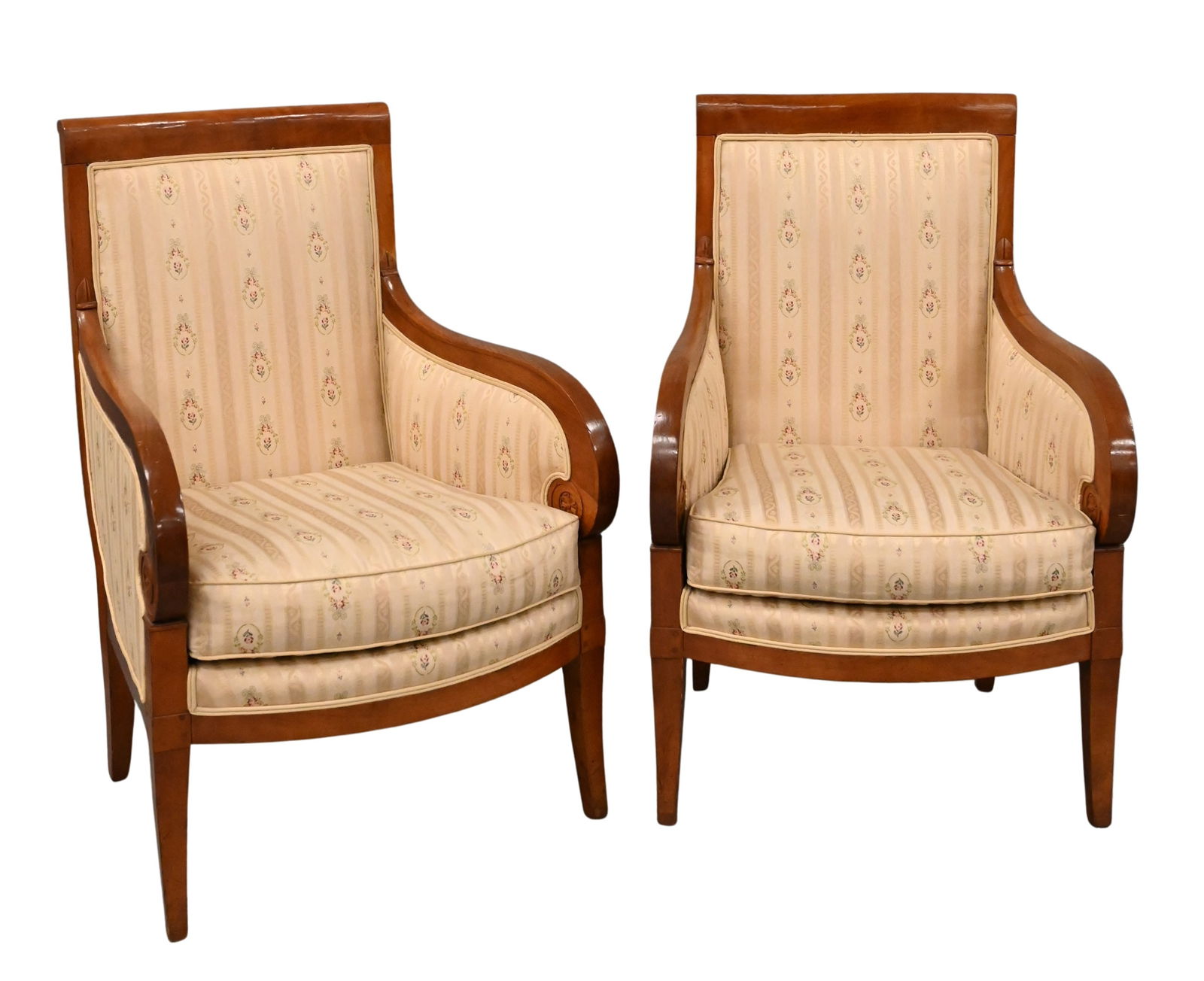 Pair of Classical Style Fruitwood and Upholstered Bergeres (1 of 6)