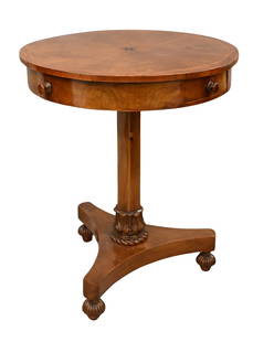 Neoclassical Inlaid Burl Walnut Gueridon Table: Neoclassical Inlaid Burl Walnut Gueridon Table having round top, hexagon shaft over tripod base, on ball carved feet, mid 19th century height 27 inches, diameter 22 1/2 inches Provenance: DK Antiques,