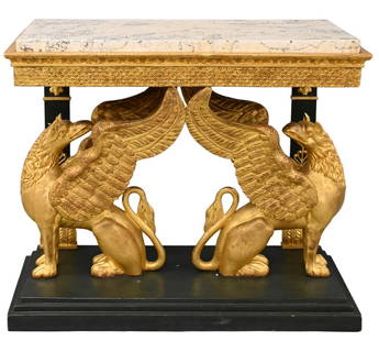 Swedish Gustav IV Giltwood Console: Swedish Gustav IV Giltwood Console having carved gilt griffin supports and scagliola inset top, early 19th century height 32 inches, top 18 1/2" x 37" Provenance: HM Luther Antiques, December 17, 2001