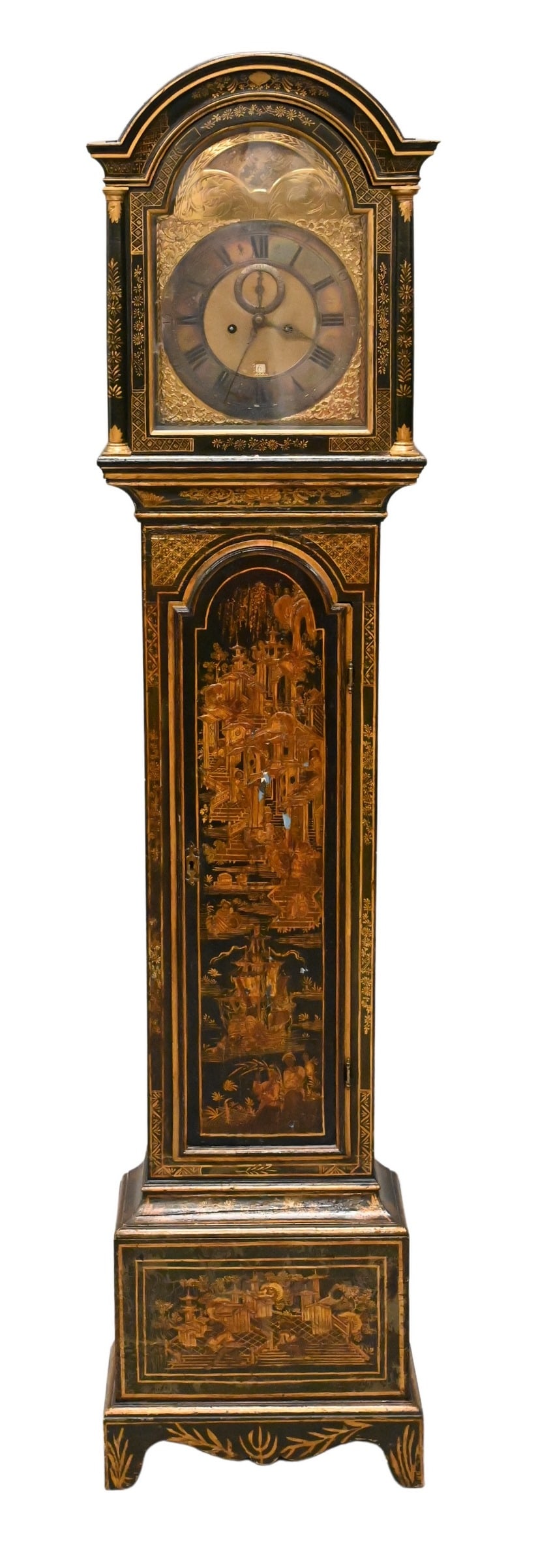 English Tall Case Grandfather Clock: English Tall Case Grandfather Clock in dark green Chinoiserie lacquer, by John Burgess Gosport, with weights and pendulum, circa 1780 height 84 inches, width 19 1/2 inches, depth 9 inches Provenance: