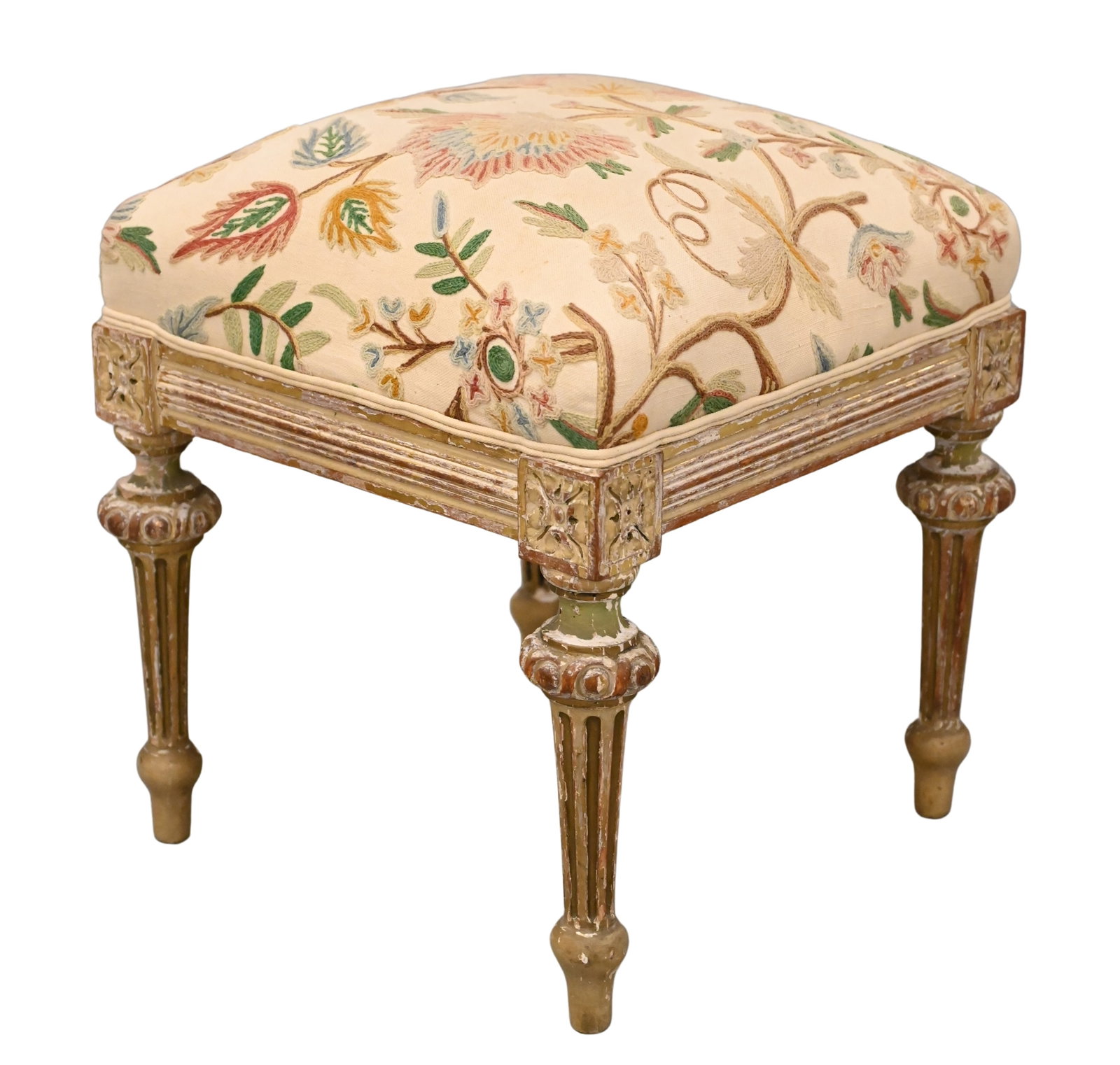 Italian Tabouret: Italian Tabouret having green and gray painted and parcel gilt, covered in machine crewel work on cream cotton ground all raised on fluted legs, 19th century height 22 inches, width 18 1/2 inches, len