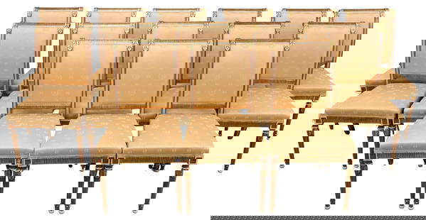 Set of 14 Louis XVI Style White and Giltwood Chairs: Set of 14 Louis XVI Style White and Giltwood Chairs having custom gold silk upholstery in the manner of Jansen height 40 inches, width 21 inches, seat height 20 inches Condition: presents well, overal