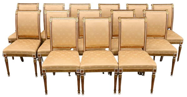 Set of 14 Louis XVI Style White and Giltwood Chairs: Set of 14 Louis XVI Style White and Giltwood Chairs having custom gold silk upholstery in the manner of Jansen height 40 inches, width 21 inches, seat height 20 inches Condition: presents well, overal