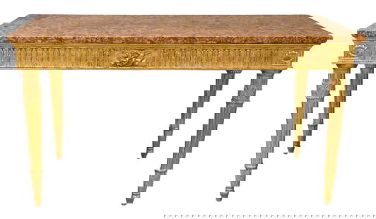 Italian Neoclassical Carved and Giltwood Console Table: Italian Neoclassical Carved and Giltwood Console Table having anthemion leaf frieze, raised on tapering fluted column legs, with a rouge/jaune marble top probably late 18th century height 331/2 inches