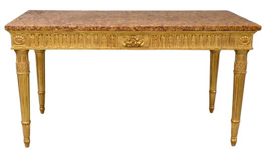 Italian Neoclassical Carved and Giltwood Console Table: Italian Neoclassical Carved and Giltwood Console Table having anthemion leaf frieze, raised on tapering fluted column legs, with a rouge/jaune marble top probably late 18th century height 331/2 inches