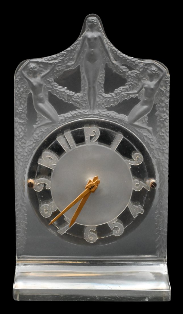 Rene Lalique Clear Glass Helene Menthe or Nightstand Chime Clock: Rene Lalique Clear Glass Helene Menthe or Nightstand Chime Clock having three frosted nude female figures and wreath, Omega Swiss made fabrication Suisse 7551116, marked R Lalique France in block lett
