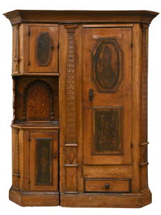 Inlaid Walnut Cabinet: Inlaid Walnut Cabinet fitted with paneled cupboard doors decorated with figural inlays of saints, an open niche to the left side, a drawer to the base, South German or Swiss, 17th century and later he