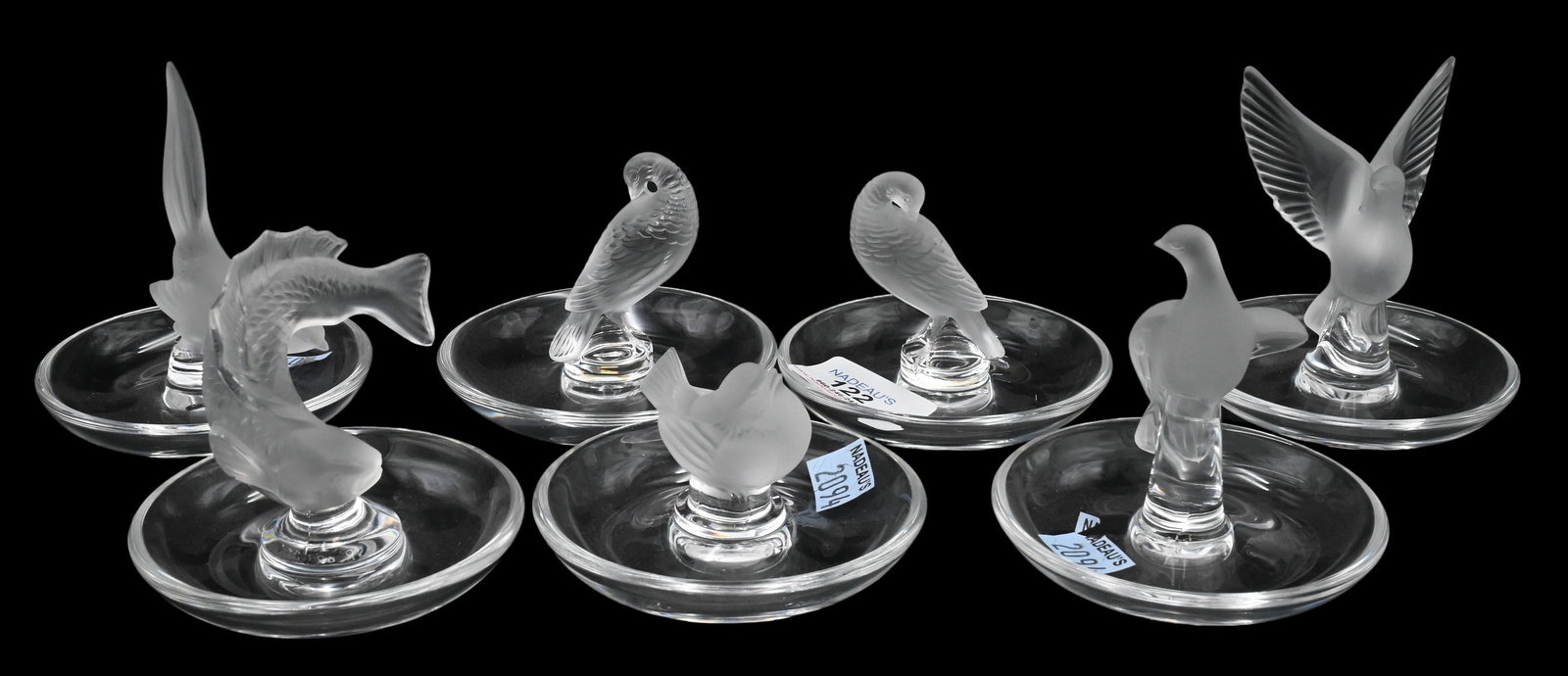 Group of Seven Lalique Crystal Ring Holders: Group of Seven Lalique Crystal Ring Holders to include, three pheasants, two doves, two fish, each marked Lalique France 4 inches tallest