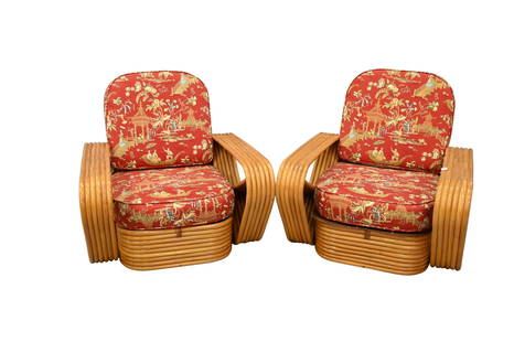 A Pair of Paul Frankl Bamboo Rattan Streamline Club Chairs: A Pair of Paul Frankl Bamboo Rattan Streamline Club Chairs height 30 inches, length 39 1/2 inches, width 33 1/2 inches