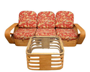 Four Piece Paul Frankl Furniture Lot: Four Piece Paul Frankl Furniture Lot to include a Paul Frankl rattan bamboo streamline three part sofa along with a pair of Paul Frankl rattan end tables and one coffee table end tables' height 17 inc