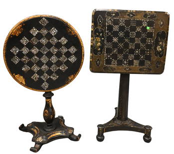 Two Victorian Mother of Pearl Inlaid Games Tables: Two Victorian Mother of Pearl Inlaid Games Tables having original stenciling tallest 30 inches Condition: one loose on lower shaft Provenance: Estate of Sheila Shevin of Rye, New York