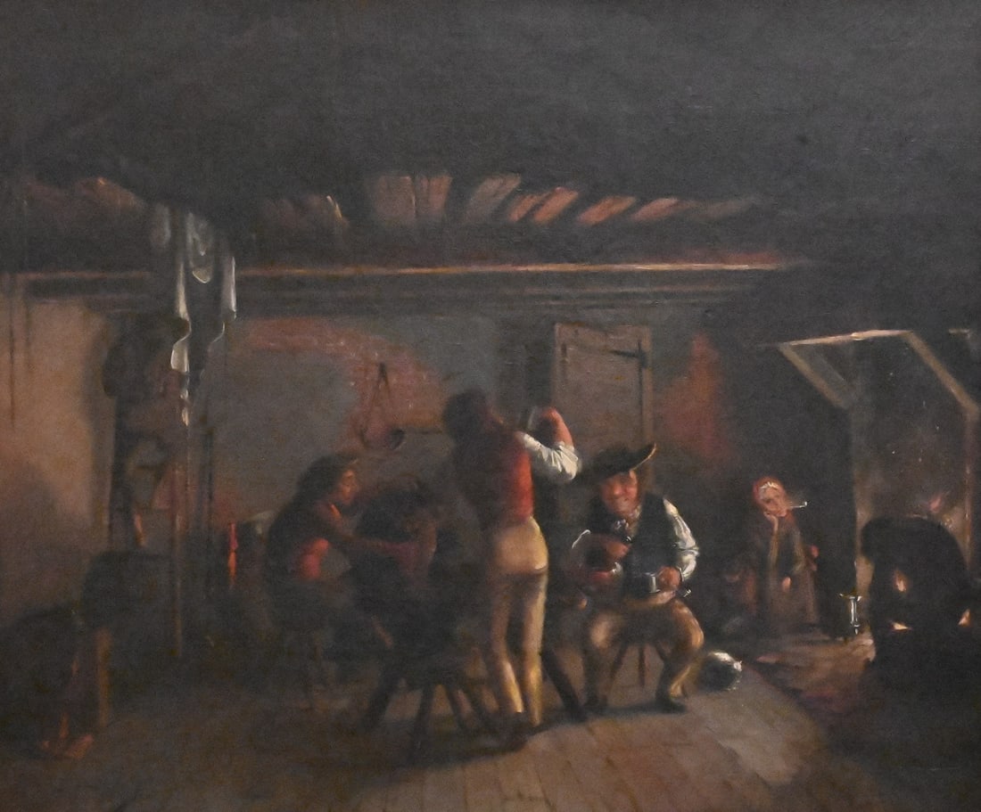Attributed to David Gilmour Blythe (Canadian 1815-1865): Attributed to David Gilmour Blythe (Canadian 1815-1865) Tavern scene Oil on canvas Unsigned, gilt frame 24" x 30" Provenance: Estate of Sheila Shevin of Rye, New York Condition: relined, restretched,