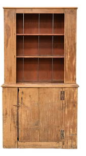 Pine Step Back Cupboard: Pine Step Back Cupboard with door in base, 18th century height 76 inches, width 41 inches, depth 20 inches