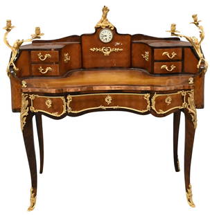 Louis XV Style Marquetry Inlaid Writing Desk: Louis XV Style Marquetry Inlaid Writing Desk having gilt bronze mounts, candelabra, leather writing surface, and mounted with clock height 45 inches Condition: small cracks and veneer chips