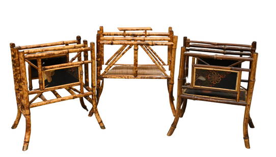 Three Bamboo Magazine Racks: Three Bamboo Magazine Racks two having Japanned panels largest height 20 inches, width 17 inches