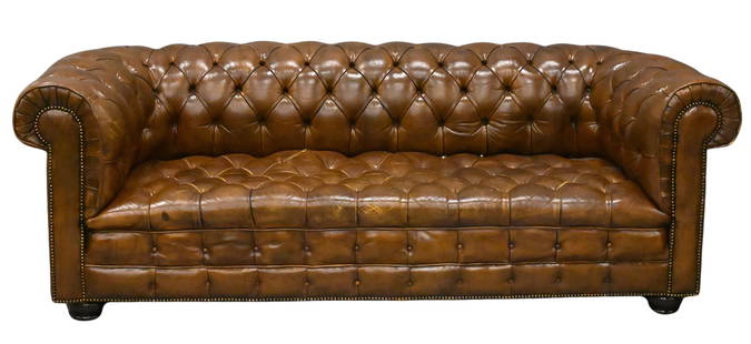 Chesterfield Style Brown Leather Sofa: Chesterfield Style Brown Leather Sofa height 29 1/2 inches, length 86 inches, depth 34 inches Condition: slight wear in seat