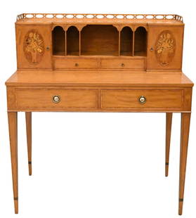 Joseph Gerte (Boston) George III Style Marquetry Inlaid Writing Desk: Joseph Gerte (Boston) George III Style Marquetry Inlaid Writing Desk having porcelain hardware on base center drawer height 42 1/2 inches, width 30 inches