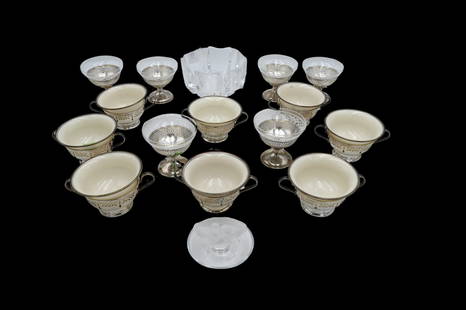 Fourteen Cups with Sterling Silver Liners: Fourteen Cups with Sterling Silver Liners to include eight Lenox bowls and six glass cups along with Lalique kissing birds figure and orrefors crystal ball 17.4 t.oz.