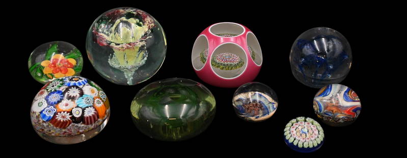 Group of Nine Early Signed Glass Paperweights: Group of Nine Early Signed Glass Paperweights to include Baccarat flower, mushroom Millefiori double overlay, Millefiori, etc. largest 3 inches