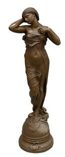 Newel Post Art Nouveau Female Figure: Newel Post Art Nouveau Female Figure on base, marked crepuscule height 56 inches Provenance: Estate of Sheila Shevin of Rye, New York