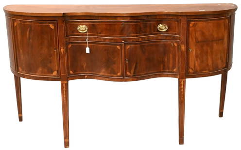 Federal Style Mahogany Sideboard: Federal Style Mahogany Sideboard with serpentine front one drawer over two doors flanked by doors all on square tapered legs with bell flower inlays along with fans, partially made up of older element