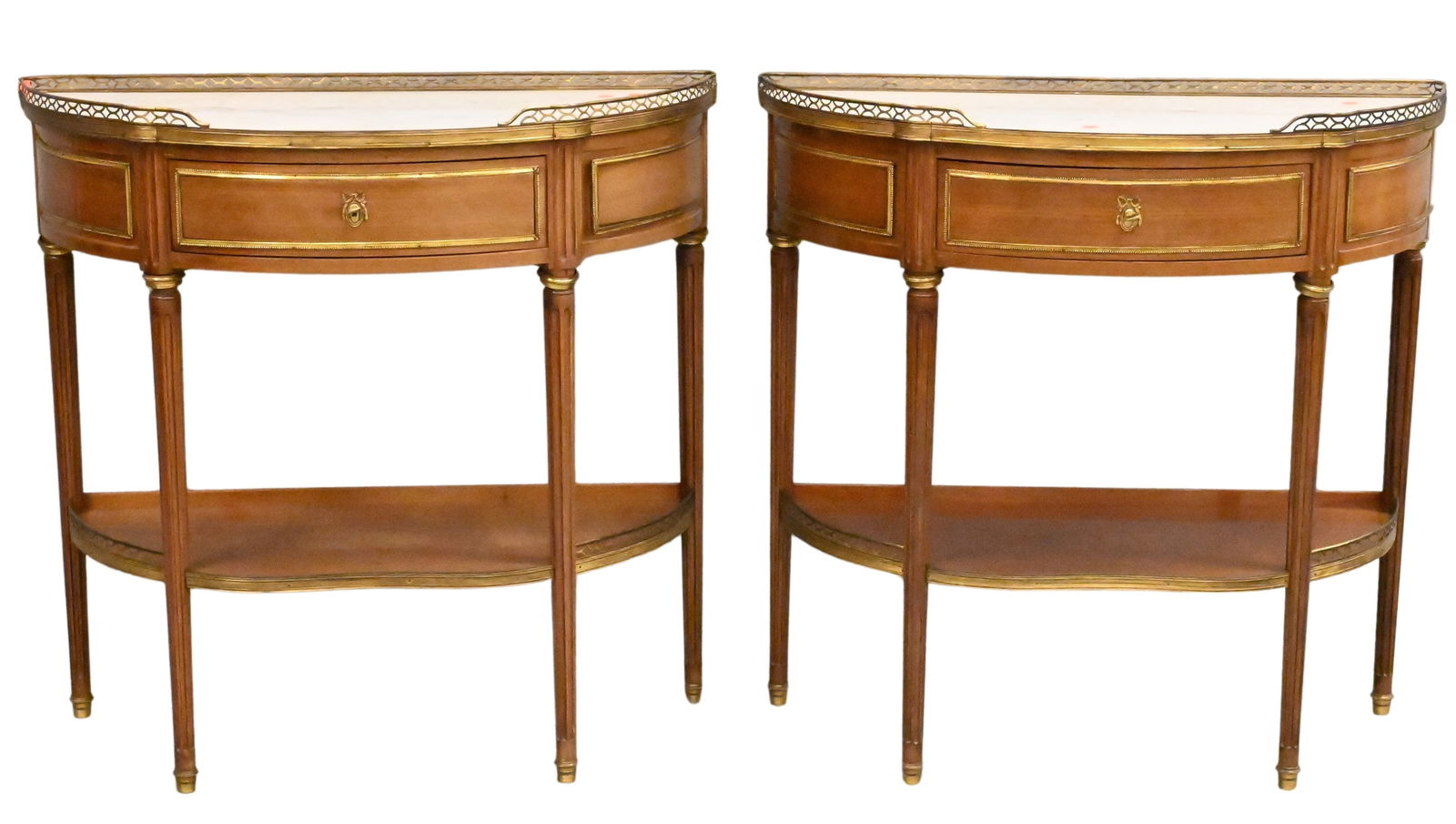 Pair of Mahogany Louis XVI Style Marble Top Demilune Consoles (1 of 5)