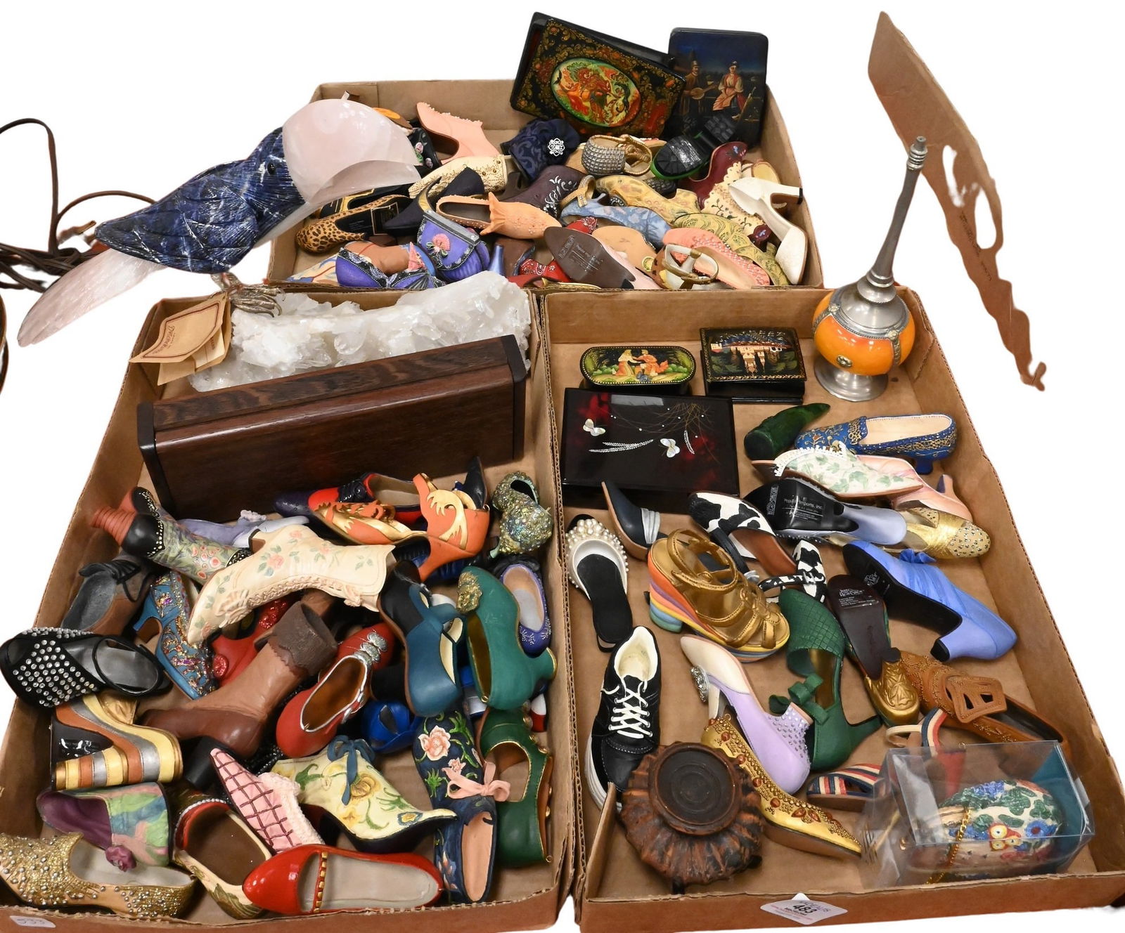 Miniature Shoe Collection: Miniature Shoe Collection "Just the Right Shoe, Stalgia etc, along with Russian boxes, hardstone parrot with quartz shoe height approximately 3 inches