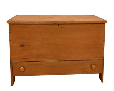 Lift Top Blanket Chest: Lift Top Blanket Chest having drawer, on boot jack ends, early 19th century height 29 1/2 inches, top 42 1/2" x 18 1/2"