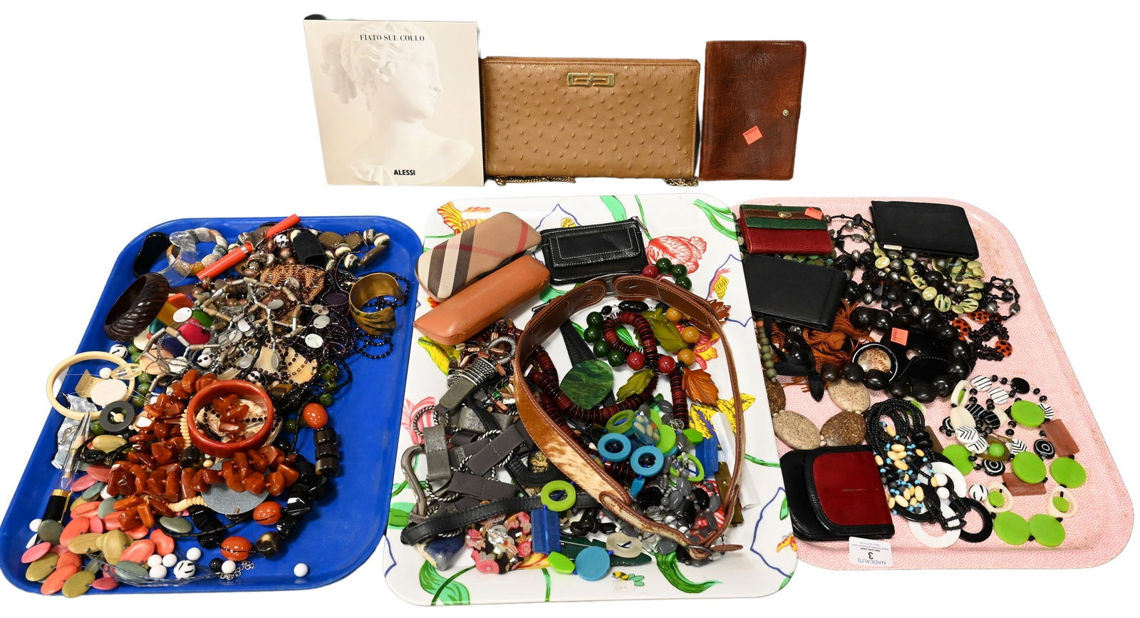 Three Tray Lots of Contemporary Costume Jewelry: Three Tray Lots of Contemporary Costume Jewelry Burberry glasses, etcetera