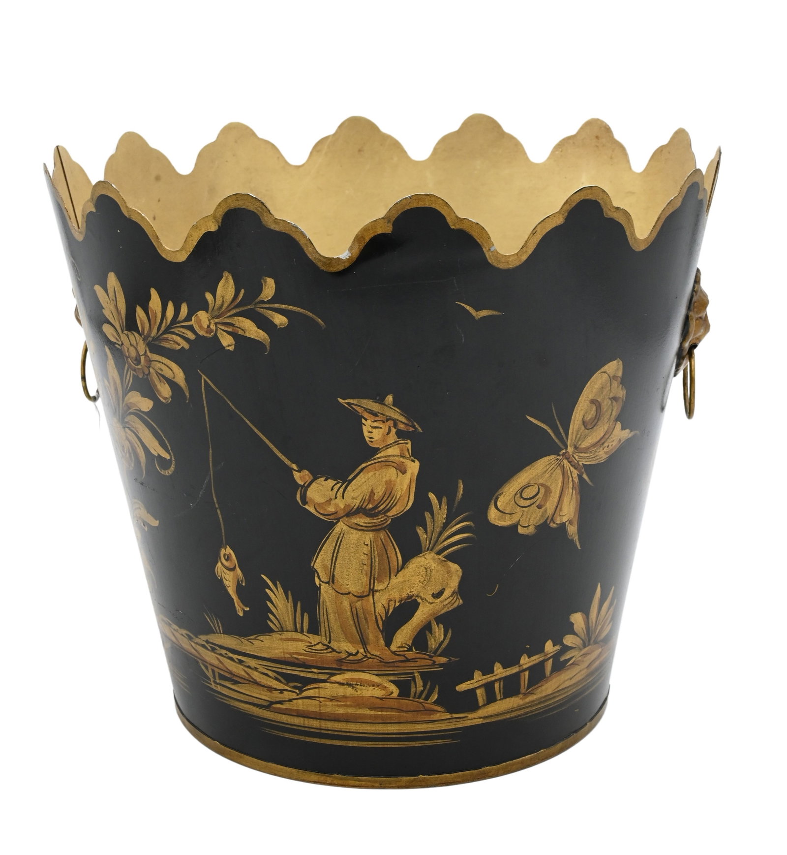 Tole Gilt Decorated Chinoiserie Cachepot / Wastebasket: Tole Gilt Decorated Chinoiserie Cachepot / Wastebasket having lion handles/door knockers and landscape motifs with fishermen height 10 inches, diameter 11 1/2 inches