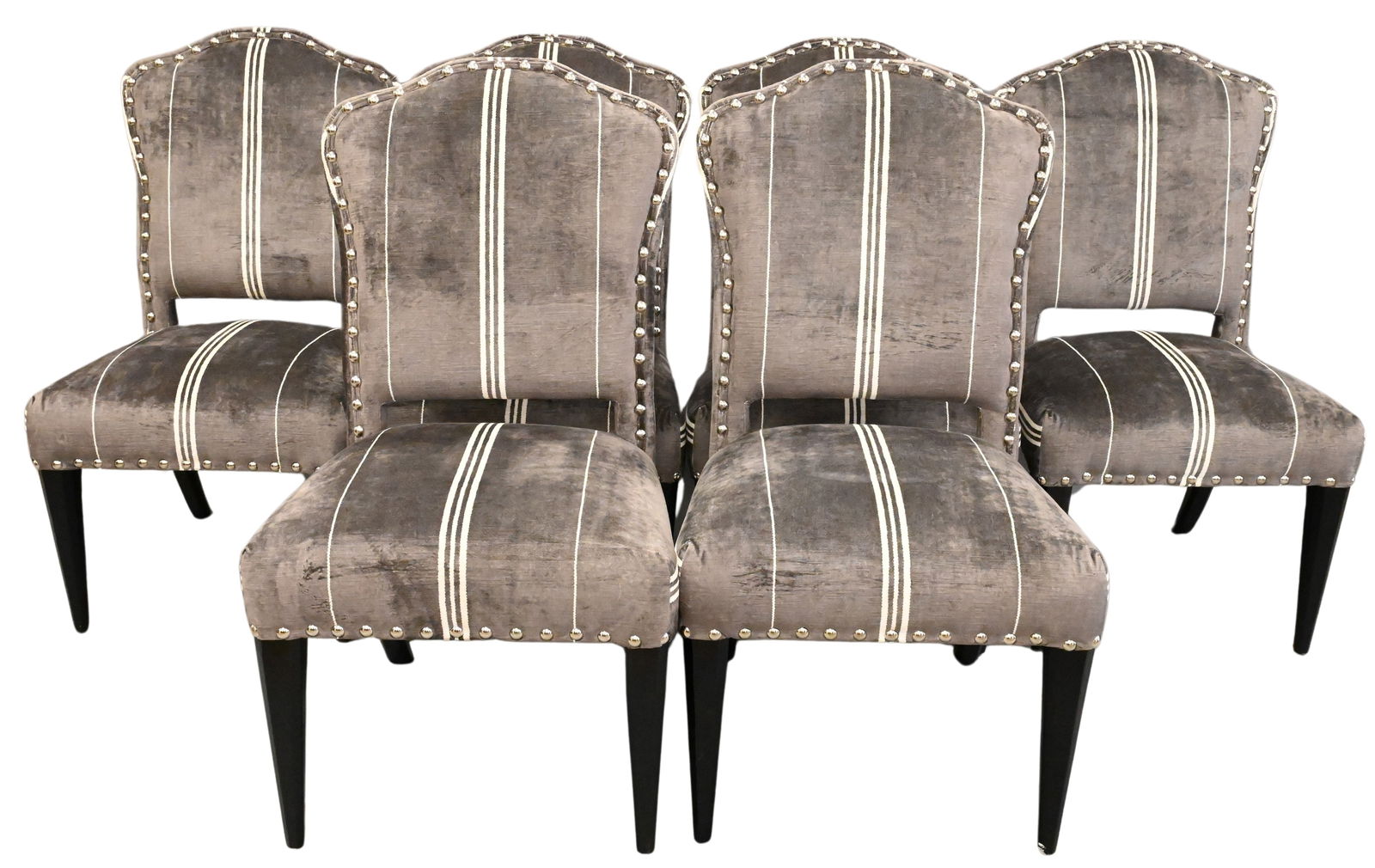 Six Andrew Martin Bacall Striped Side Chairs: Six Andrew Martin Bacall Striped Side Chairs having Fitzroy gray upholstery with nailhead accents set on ebony wood legs retails for $895 each height 41 inches, width 22 inches, depth 20 inches Proven