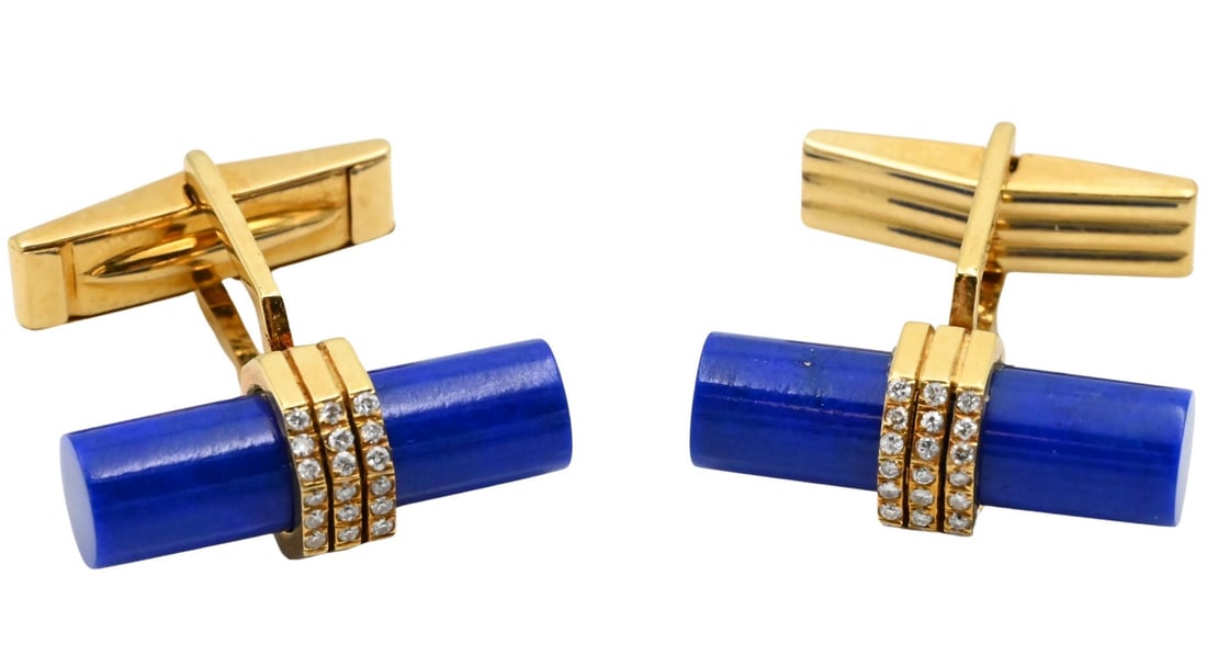 Pair of 18K Yellow Gold Cufflinks Set with Cylindrical Lapis Lazuli and 27 Diamonds Each (1 of 6)