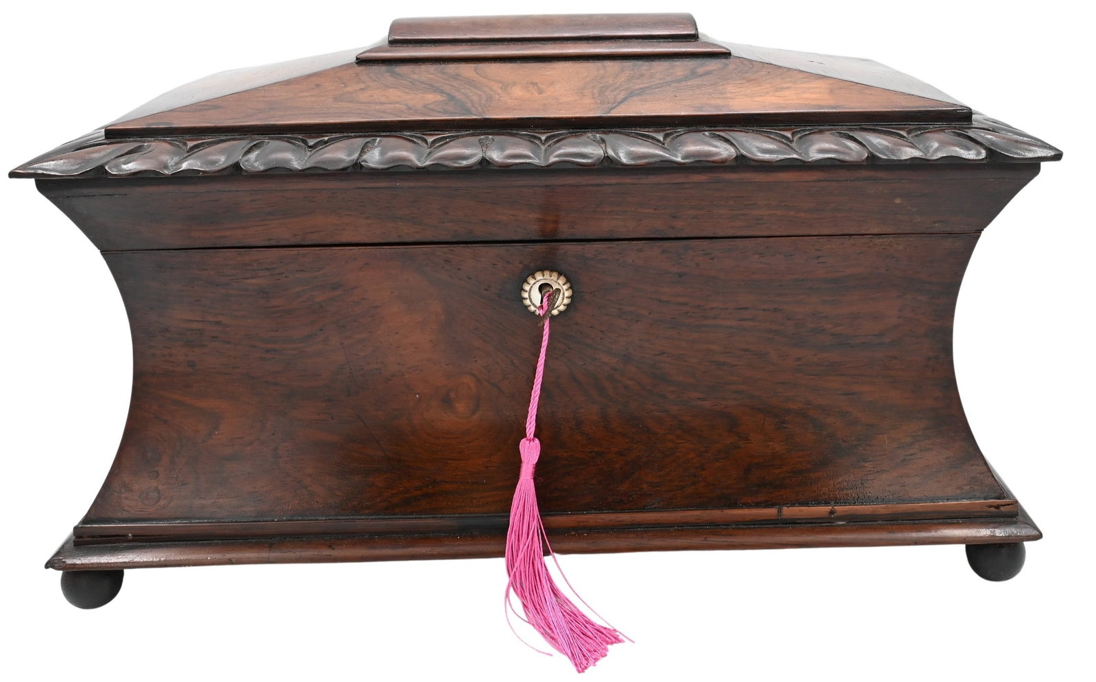 Rosewood Tea Box: Rosewood Tea Box having hinged lid in sarcophagus form, circa 1840 height 8 1/2 inches, top 8 1/2" x 14 1/4"