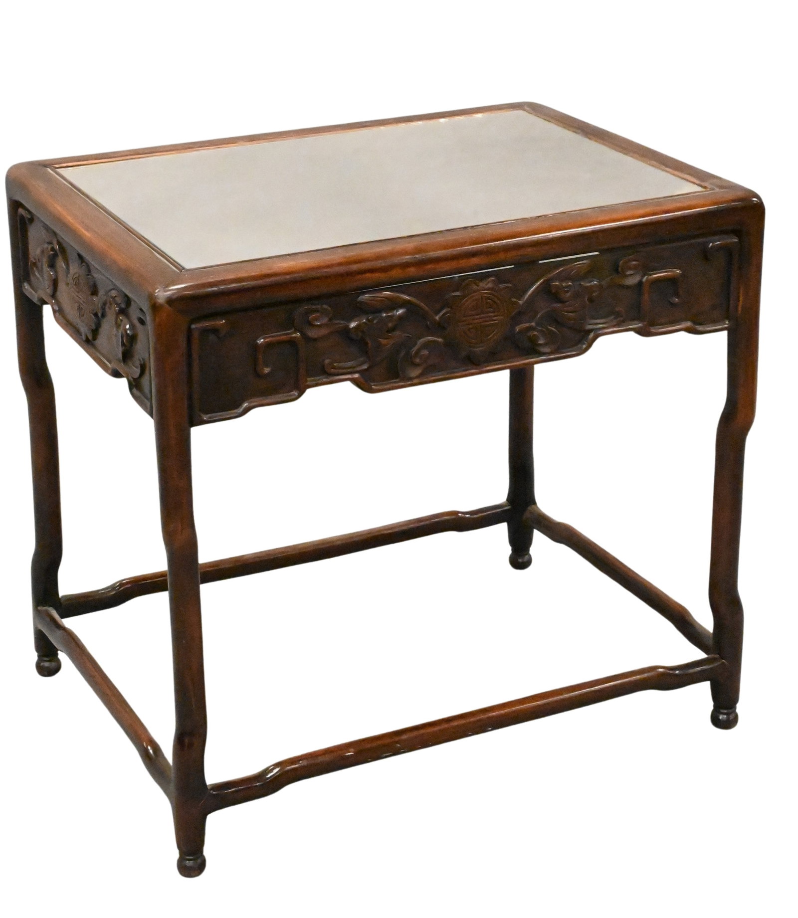 Chinese Hardwood Table: Chinese Hardwood Table having carved bats raised on turned legs height 18 inches, top 15" x 20"